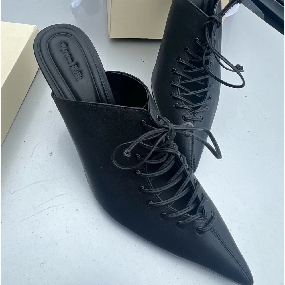 🆕OPEN EDIT Natalya Black Leather Lace Up Pointed Toe Mule Stiletto Pumps::NIB: